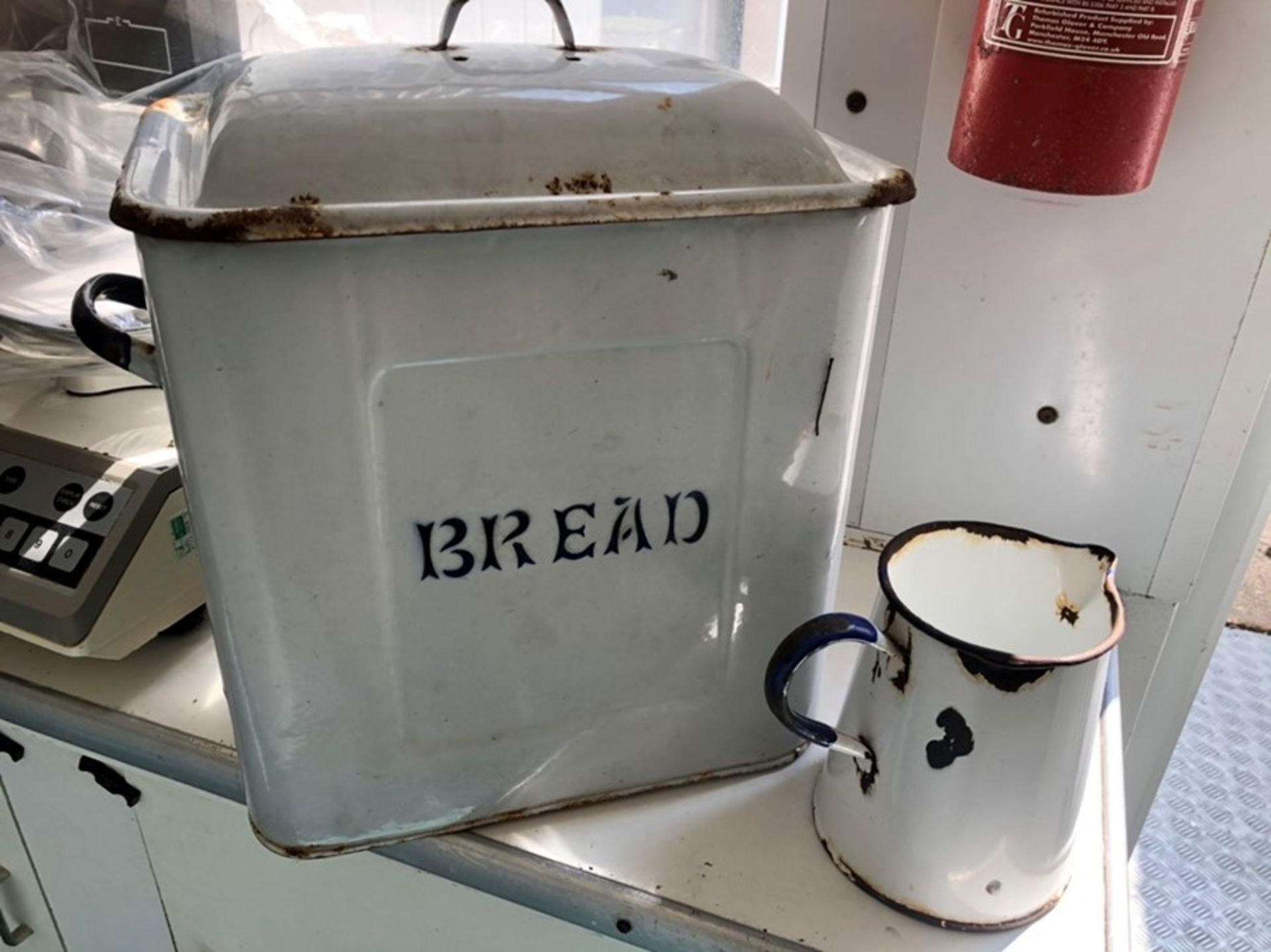 Vintage enamel bread bin with enamel jug and bath