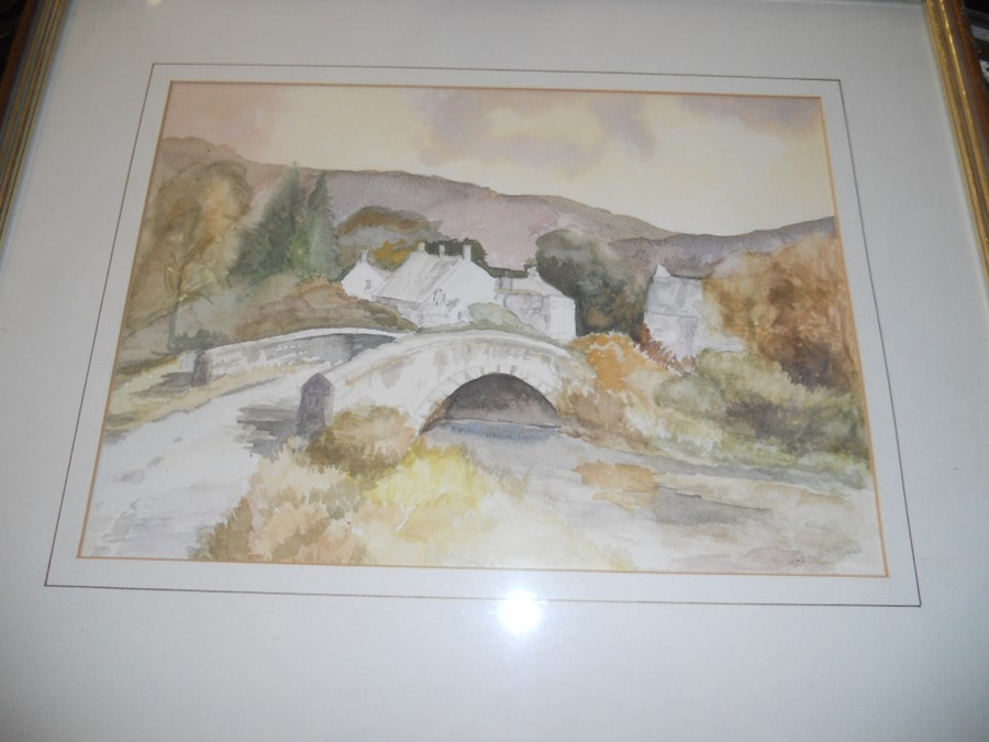 2 Watercolours Bridge over stream 14 x 10 inches & Flowers 13 x 15 inches