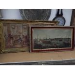 tapestry in a gilt frame 103x59cm, picture of ships at sea in a gilt frame with a red velvet inlay