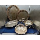 plated silver items to include commemorative trays (1937) shell shaped tray, basket tray and