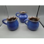 3 blue french pottery jugs