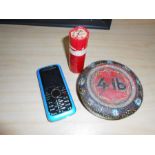 Tube of 1967 Half Pennies , Barge Ware 4 lb weight and Vodafone 527 Mobile Phone