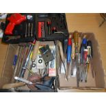 box of tools to include screwdrivers. files, drill driver etc