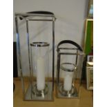 2 Hurricane candle lamps chrome with leather handles 60cm and 37cm tall