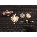 5 Silver items Fob , locket , 2 brooches & broken cuff link
