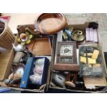 2 boxes of miscellaneous sundries to include candles, clocks, ornaments, shoe brushes, silver