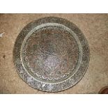 metal charger plate decorated with birds and flowers in silver and copper colours 58cm across