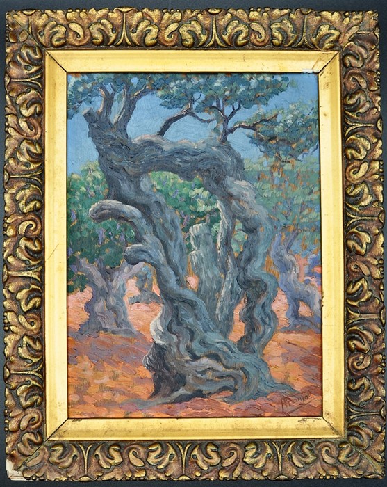 Impressionist style oil on board landscape depicting olive groves 7.5" x 10" in gilt frame signed - Image 3 of 4