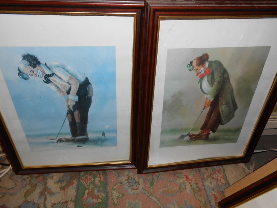 4 Framed Clown Golf Prints 26 x 34 cm and print of Royal Troon Golf Club Print 14 x 10 inches