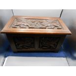 Vintage Carved Oak Box with 2 Griffins on lid and front panel 17 inches wide 9 deep 10 tall