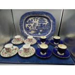 Aynsley 4 blue cups and saucers, Crown Staffordshire coffee cans and saucers plus a blue and white