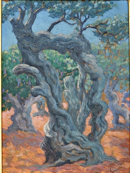 Impressionist style oil on board landscape depicting olive groves 7.5" x 10" in gilt frame signed - Image 2 of 4