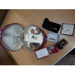 costume jewellery, Red heart shaped jewellery box with contents