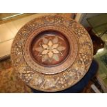 Heavy plaster dish with wooden inlay plate 36cm across