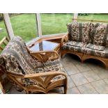 Bamboo conservatory suite 2 seater sofa , 2 armchairs , stool and 2 square glass top side tables (
