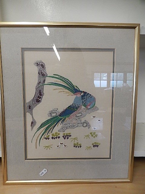 Embroided picture of birds pheasants?