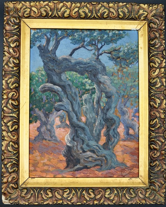 Impressionist style oil on board landscape depicting olive groves 7.5" x 10" in gilt frame signed