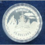 Solomon Islands 25 dollars Legendary Warships series Bismarck silver coin 2005 Proof 1 oz.