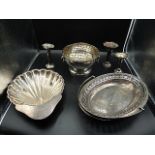silver plated serving trays, rose bowl, 3 plated vases