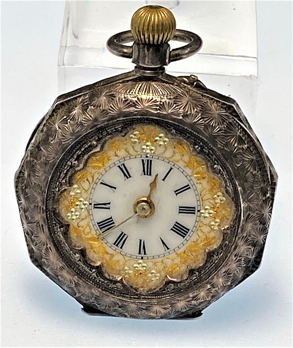 A ladies swiss open face pocket watch, white dial with Roman numerals and gilt scroll decoration, - Image 7 of 7