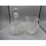 Ships decanter and cut glass jug (small chip on decanters rim)