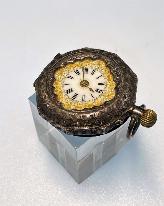 A ladies swiss open face pocket watch, white dial with Roman numerals and gilt scroll decoration, - Image 2 of 7