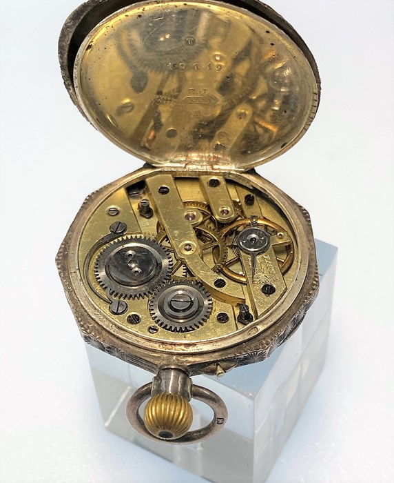 A ladies swiss open face pocket watch, white dial with Roman numerals and gilt scroll decoration, - Image 3 of 7