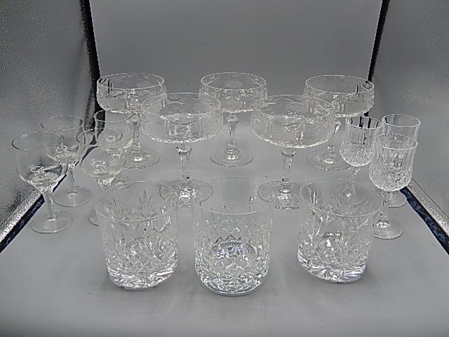 collection of glassware to include 5 x cut glass desert bowls, glass trays, sherry glasses, tankard,