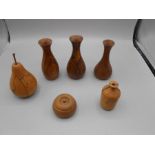 3 Vases 5 inches , treen Pear , Lidded pot and small bud vase