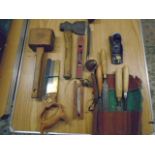 collection of vintage wood working tools to include mallet, chisels, mini plane, plumb bob, drawer