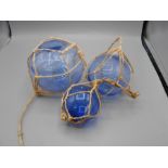 3 Blue Glass Fishing Net Floats ( largest 5 inches tall )