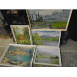 5 oil on board pictures in white frames