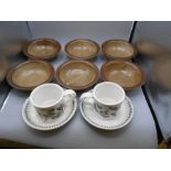 6 Clayshot Pottery Bowls 7 inch and 2 Large Port Merion Cups and Saucers ( saucers are 7 inches wide