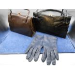 2 vintage handbags (winsley and lotus) and a pair of vintage blue leather gloves