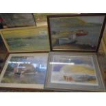 4 large framed prints, 3 of beach scenes and one of a cottage