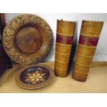 decorative plaster dish, 2 country life magazine holders and wooden plate