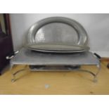 Antique 2 burner warming plate with oval pewter tray and fish drainer