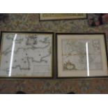 2 Repro maps 1729 framed map of France/England channel and 1729 map of Darbyshire