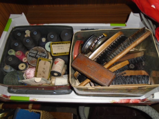 job lot glasses, vintage household cleaning produts, boot brushes, polishes and cotton reels, a - Image 3 of 4