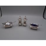 Silver condiments set- s&p pots and 2 sauce pots with spoons, all hallmarked, lid missing on one.