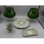 pair of large green brandy glasses and some Jasperware