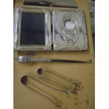 Silver photo frame and boot hook plus 2 plated sugar tongs