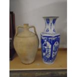 Eastern handled pot and blue and lg blue and white white vase