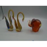 Wedgewood glass elephant and 2 glass swans (very dusty!)