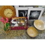 job lot of mixed items to include craft books, clock, wire jug, wooden chargers, decorations