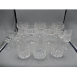 collection of glassware to include 5 x cut glass desert bowls, glass trays, sherry glasses, tankard,