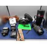 Fujica st605n camera, Kodak Brownie camera, flashes and a lens