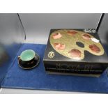Rare Stavangerflint harlequin demitasse mocca cup and saucer set in original box . Norway heirloom