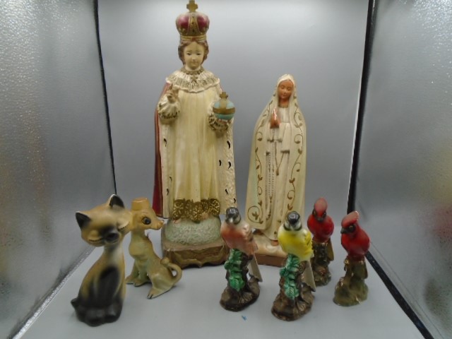 Religious figurines, 4 birds and vintage cat and dog