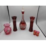 Cranberry decanter (small chip on rim) pair of cranberry vases, a single cranberry vase and 2 little